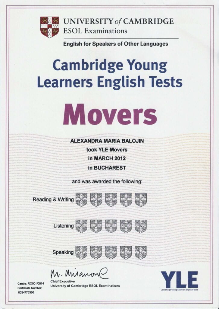 Cambridge Movers certificate