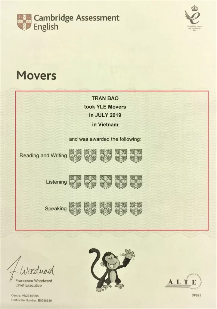 Cambridge English test scores are represented by shield symbols 